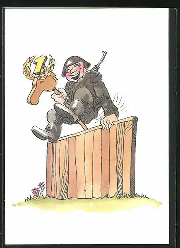 Künstler-AK Erster Platz beim Hindernisparcour, NVA-Soldat mit Steckenpferd