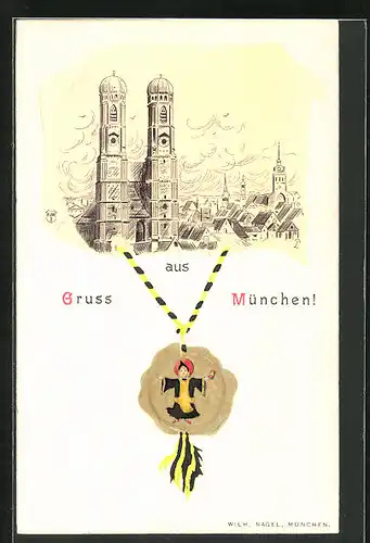 Künstler-AK München, Frauenkirche mit Umgebung, Münchner Kindl auf Siegel