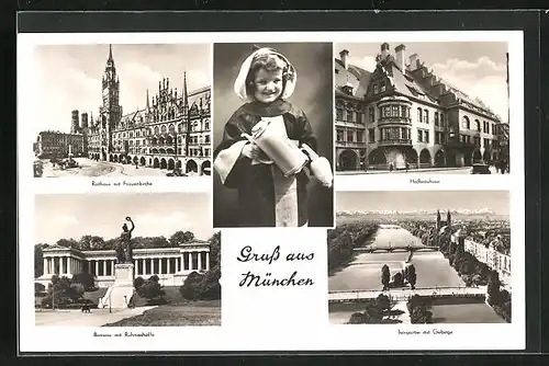 AK München, Münchner Kindl, Rathaus mit Frauenkirche, Hofbräuhaus
