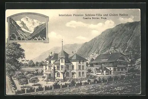 Künstler-AK Interlaken, Pension Schloss-Villa und Chalet Melèze