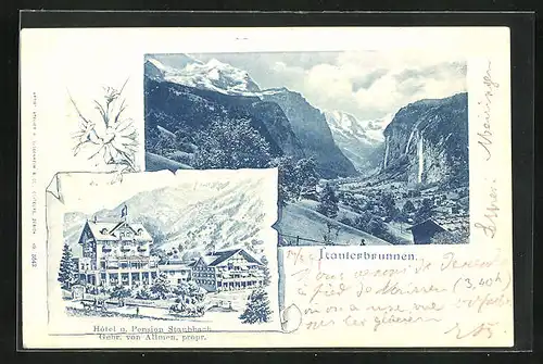 AK Lauterbrunnen, Hotel und Pension Staubbach, Ortsansicht mit Alpen