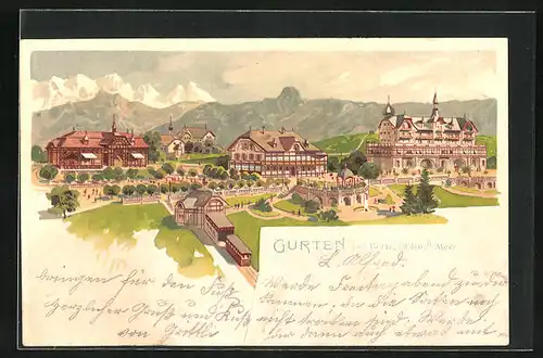 Lithographie Gurten b. Bern, Ortsansicht mit Bahnhof