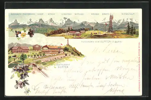 Lithographie Gurten b. Bern, Restaurant Gurten, Panorama Gebirgskette