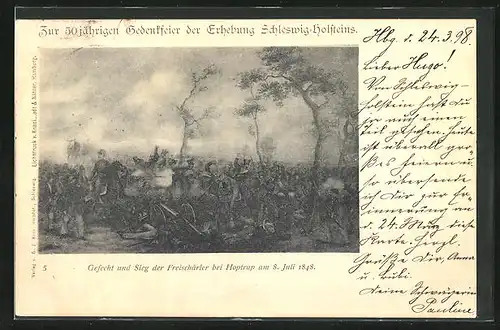 Künstler-AK Revolution 1848, Gefecht und Sieg der Freischärler bei Hoptrup