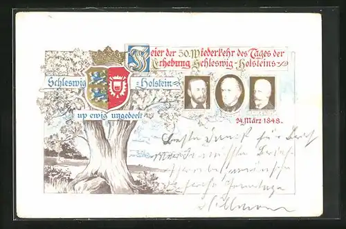 Künstler-AK Revolution 1848, Schleswig-Holsteiner Wappen, Graf v. Reventlow, Beseler, Prinz v. Noer