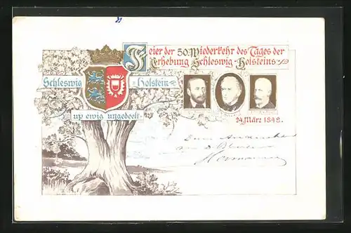 Künstler-AK Revolution 1848, Schleswig-Holsteiner Wappen, Graf v. Reventlow, Beseler, Prinz v. Noer