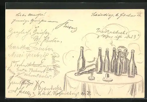 Künstler-AK Handgemalt: Trunkenbold mit etlichen Flaschen, Ganzsache