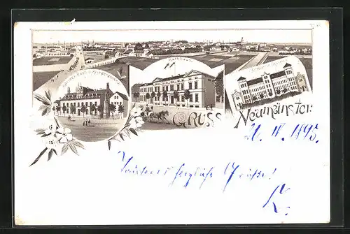 Vorläufer-Lithographie Neumünster, 1895, Artillerie-Kaserne, Rathaus, Kaiserliche Post