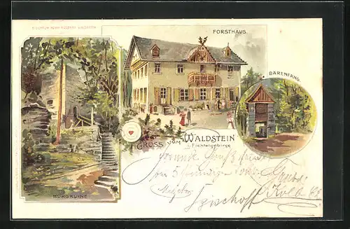 Lithographie Waldstein i. Fichtelgebirge, Forsthaus, Bärenfang, Burgruine