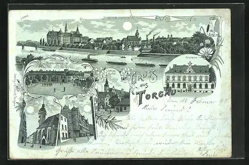 Mondschein-Lithographie Torgau, Postamt, Brückenkopf, Stadt-Kirche