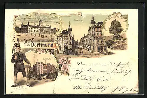 Lithographie Dortmund, Strasse Westenhellweg mit Strassenbahn, Oberpostdirektionsgebäude, Oberbergamt