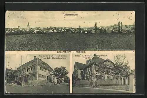 AK Ergersheim i. Mittlfrk., Gasthaus zum goldenen Kreuz, Eisen- u. Kolonialwarengeschäft, Gesamtansicht