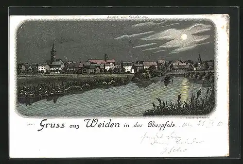 Lithographie Weiden in der Oberpfalz, Ansicht vom Nabufer aus bei Mondschein