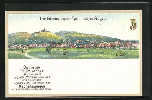 Künstler-AK Kulmbach in Bayern, Teilansicht, Reklame für Kulmbacher Bier
