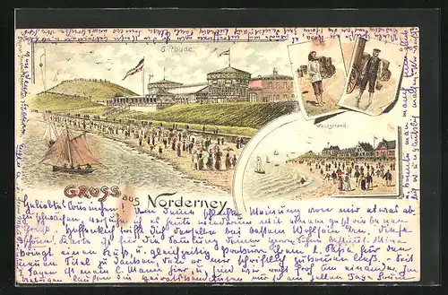 Lithographie Norderney, Gasthaus Giftbude, Weststrand