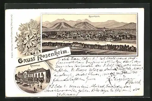 Lithographie Rosenheim, Totalansicht mit Gebirge, Kaiserbad