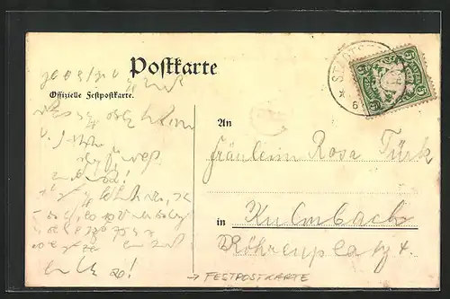 AK Kulmbach, Festpostkarte zum 26. Allg. Bayer. Handwerker- u. Gewerbetag 1909, Ortspartie mit Schloss