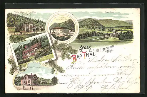 Lithographie Bad Thal i. Thgn., Gasthof Heiligenstein, Villa Bramm, Bock und Rosa