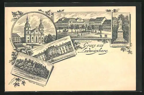 Lithographie Ludwigsburg, Schloss, Schiller-Denkmal, Marktplatz