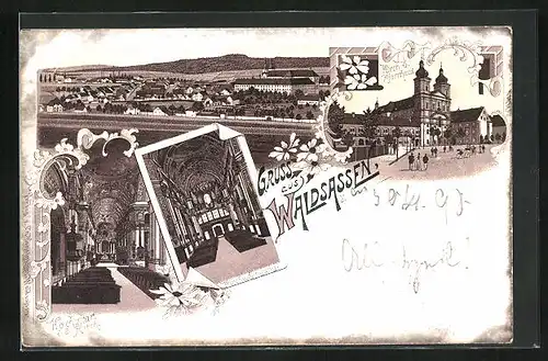 Lithographie Waldsassen, Hochaltar der Kirche, Pfarrhaus, Gesamtansicht