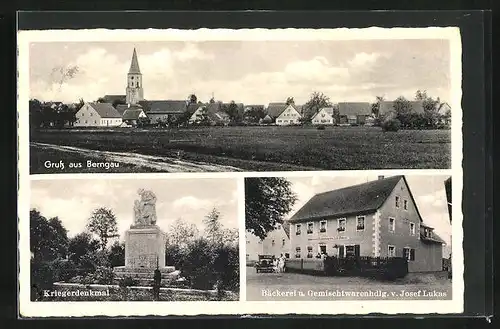 AK Berngau, Bäckerei und Gemischtwarenhandl., Kriegerdenkmal, Gesamtansicht