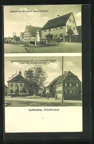 AK Gollhofen /Mittelfranken, Gemischtwarenladen und altes Kriegerdenkmal