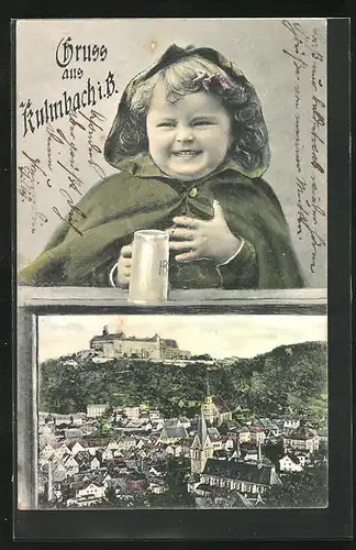 AK Kulmbach, junges Mädchen mit Bierkrug, Panorama des Ortes