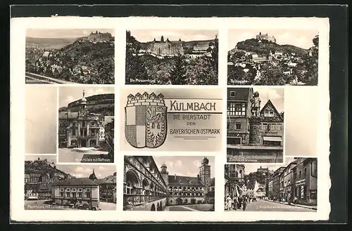 AK Kulmbach /Ostmark, Die Plassenburg, Zinsfelder Brunnen, Marktplatz mit Rathaus