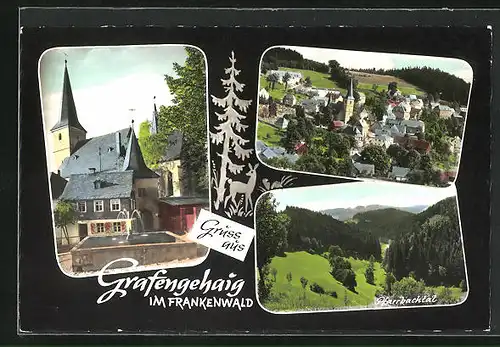 AK Grafengehaig /Frankenwald, Ortsansicht mit Kirche, Brunnen, Pfarrbachtal