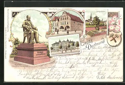 Lithographie Dortmund, Altes Rathaus, Denkmal des deutschen Kaisers Wilhelms I.