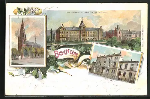 Lithographie Bochum, Bismarckstrasse mit Gymnasium und Kreishaus, Rathaus, Marienkirche
