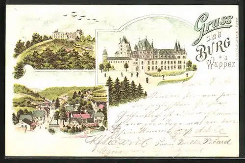 Lithographie Burg a. d. Wupper, Strassenpartie im Ort, Schloss
