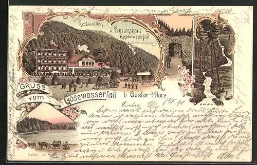 Lithographie Goslar /Harz, Gosewasserfall, Restaurant und Gasthof im Ort