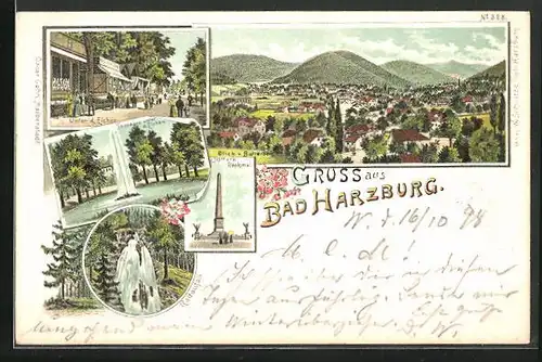 Lithographie Bad Harzburg, Ortsansicht, Unter d. Eichen, Radaufall, Bismarck Denkmal