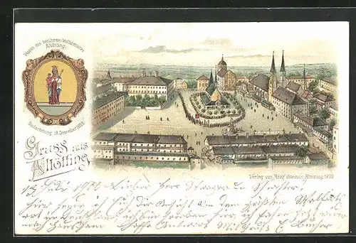 Lithographie Altötting, Grosser Platz mit Menschnschlange in die Kirche, Wappen des Ortes