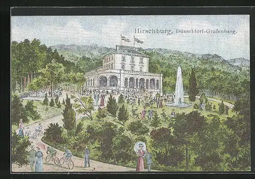 Seiden-Imitations-AK Düsseldorf-Gartenberg, Gasthaus Hirschburg
