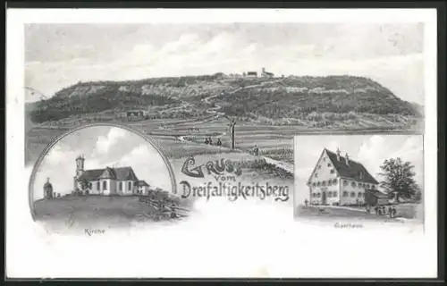 Lithographie Spaichingen, Dreifaltigkeitsberg mit Kirche und Gasthaus