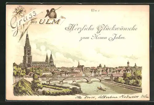 Lithographie Ulm a. D., Flusspartie mit Münster