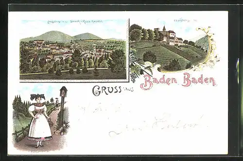 Lithographie Baden Baden, Ebersteinschloss, Aussicht v. d. Griech.- Russ. Kapelle, Frau in Tracht