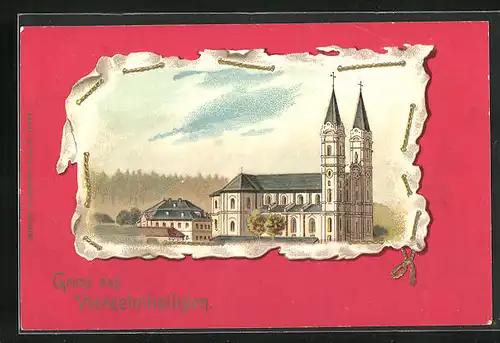 Lithographie Vierzehnheiligen /Staffelstein, Kirche mit Türmen