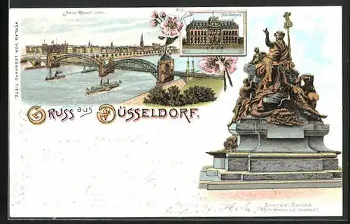 Lithographie Düsseldorf, Provinzial-Denkmal, Ständehaus, Neue Rheinbrücke