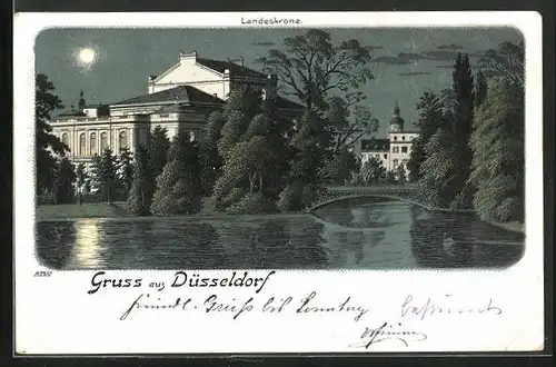 Mondschein-Lithographie Düsseldorf, Landeskrone am See bei Nacht