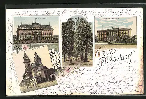 Lithographie Düsseldorf, Jesuitenkirche, Ständehaus, Justizgebäude