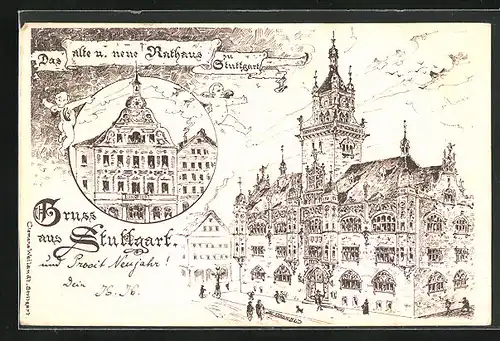 Künstler-AK Stuttgart, altes und neues Rathaus