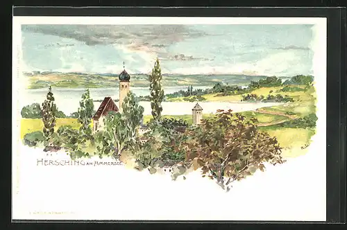 Künstler-AK Hersching / Ammersee, Gesamtansicht