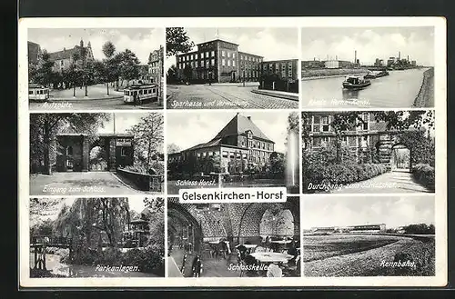 AK Gelsenkirchen-Horst, Schloss, Amtsplatz mit Strassenbahnen, Sparkasse, Rennbahn