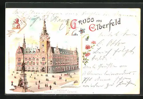 Lithographie Elberfeld, Rathaus und Kaiser Friedrich Denkmal