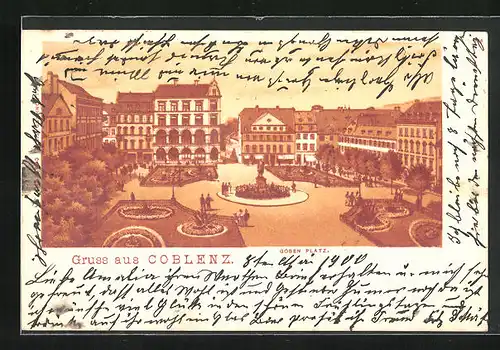 Lithographie Coblenz, Blick auf den Goben-Platz