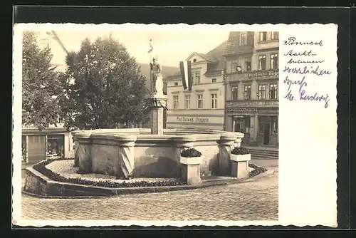 AK Pössneck, am Marktbrunnen, Drogerie Paul Osswald