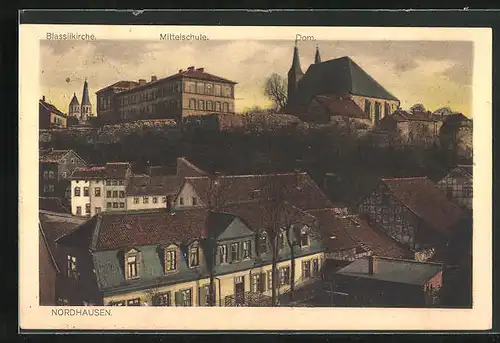 AK Nordhausen, Blick auf Blassiikirche, Mittelschule und Dom